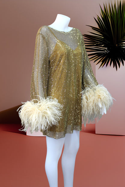 MARAYA Golden Rhinestone Mesh Long Sleeve Mini Dress With Slip dress