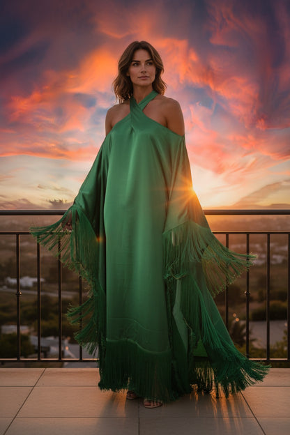 MARAYA Green Kaftan Fringe Trim  Maxi dress