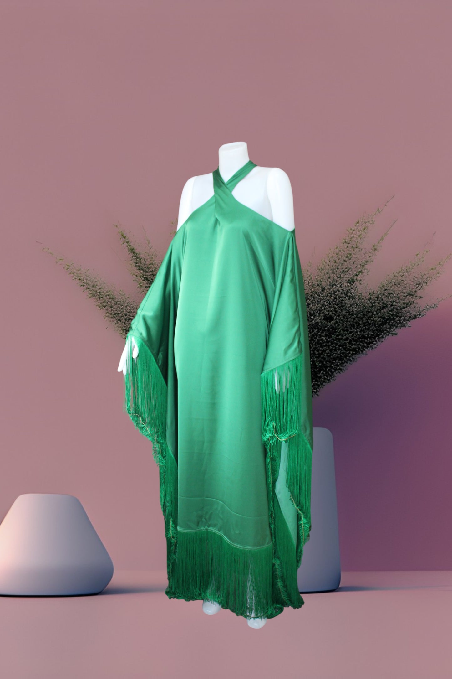 MARAYA Green Kaftan Fringe Trim  Maxi dress