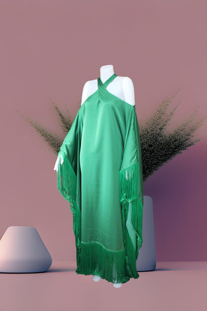 MARAYA Green Kaftan Fringe Trim  Maxi dress