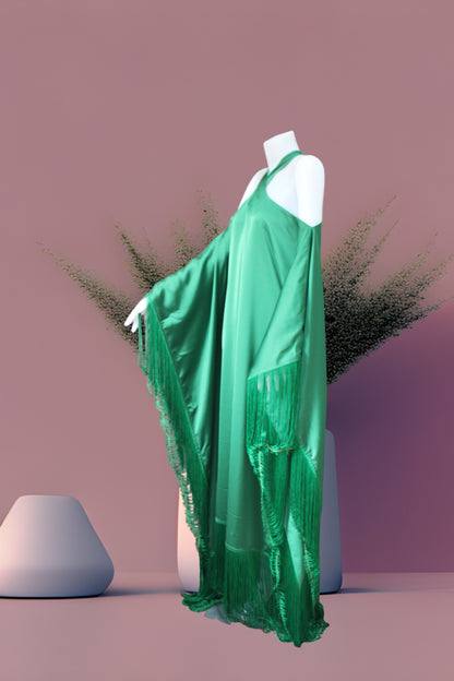 MARAYA Green Kaftan Fringe Trim  Maxi dress