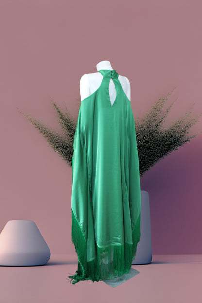 MARAYA Green Kaftan Fringe Trim  Maxi dress