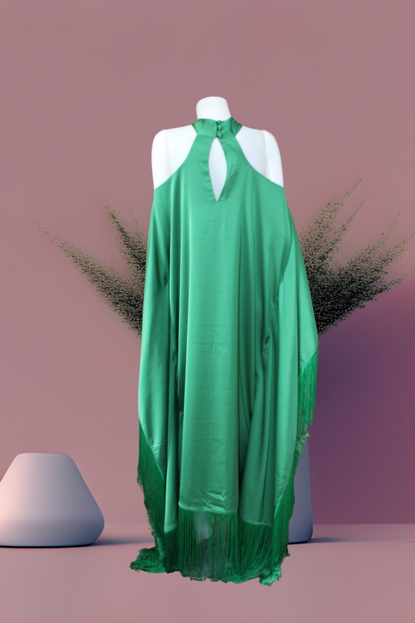 MARAYA Green Kaftan Fringe Trim  Maxi dress