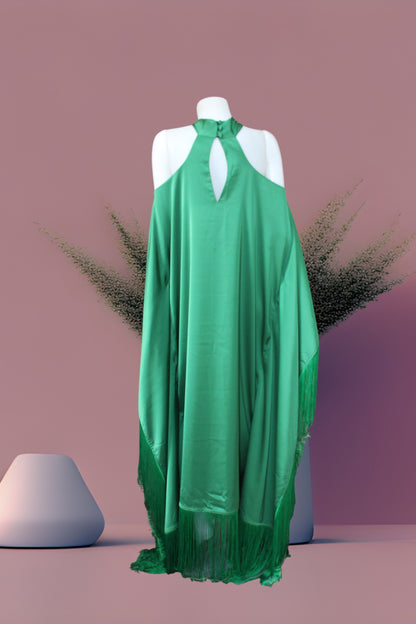 MARAYA Green Kaftan Fringe Trim  Maxi dress
