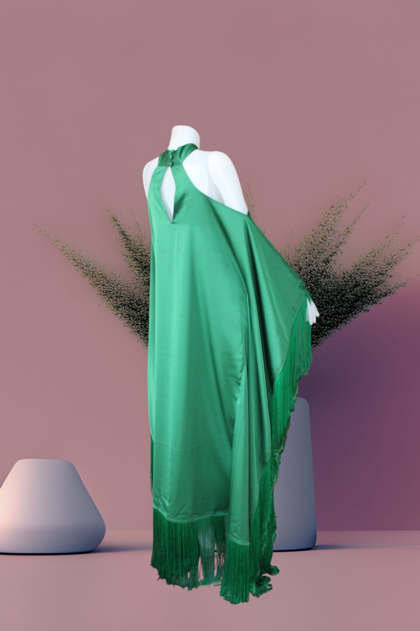 MARAYA Green Kaftan Fringe Trim  Maxi dress