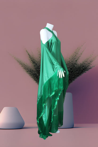 MARAYA Green Kaftan Fringe Trim  Maxi dress
