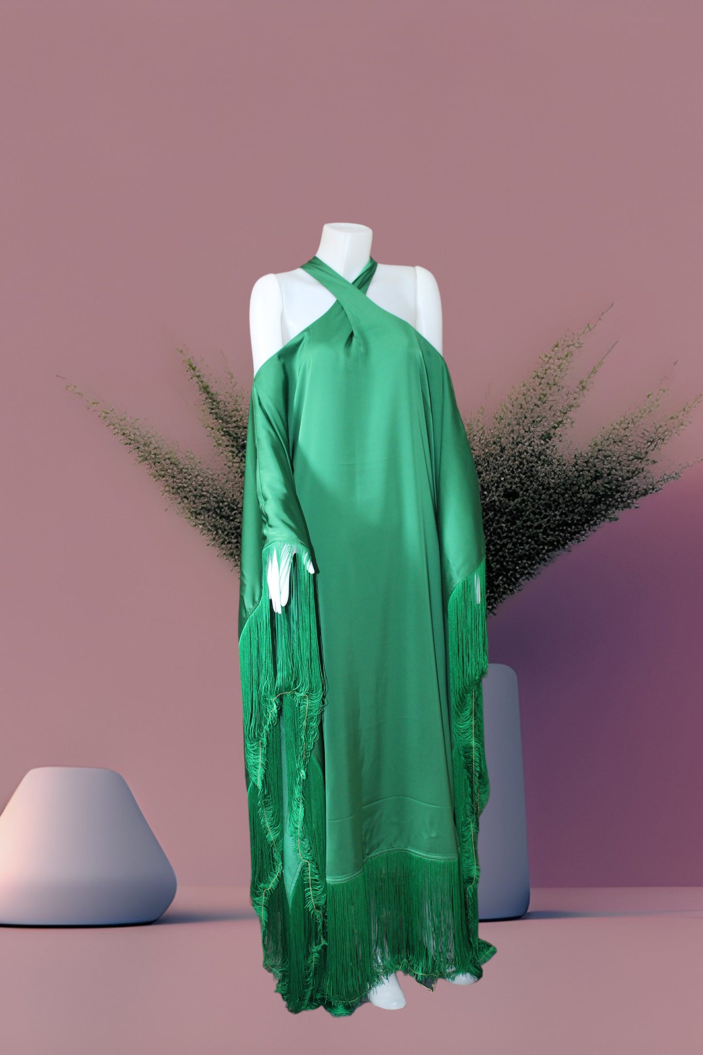 MARAYA Green Kaftan Fringe Trim  Maxi dress