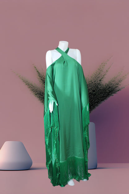 MARAYA Green Kaftan Fringe Trim  Maxi dress