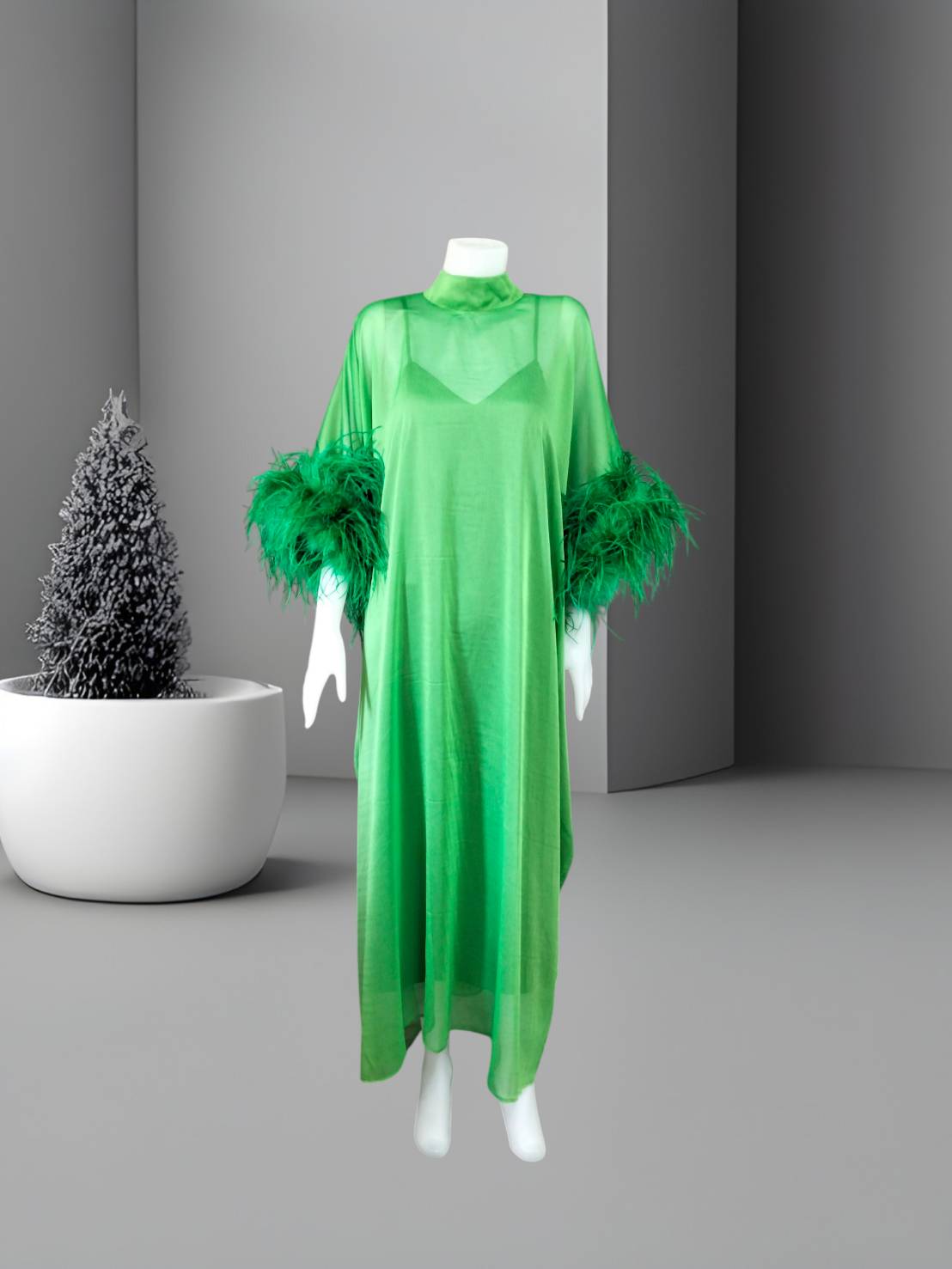 MARAYA Green Kaftan Shift Evening Maxi Feather dress