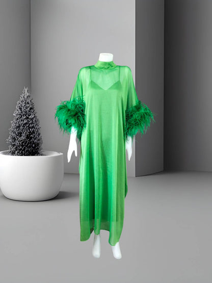 MARAYA Green Kaftan Shift Evening Maxi Feather dress
