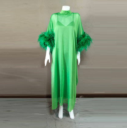 MARAYA Green Kaftan Shift Evening Maxi Feather dress