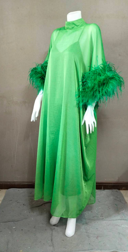 MARAYA Green Kaftan Shift Evening Maxi Feather dress
