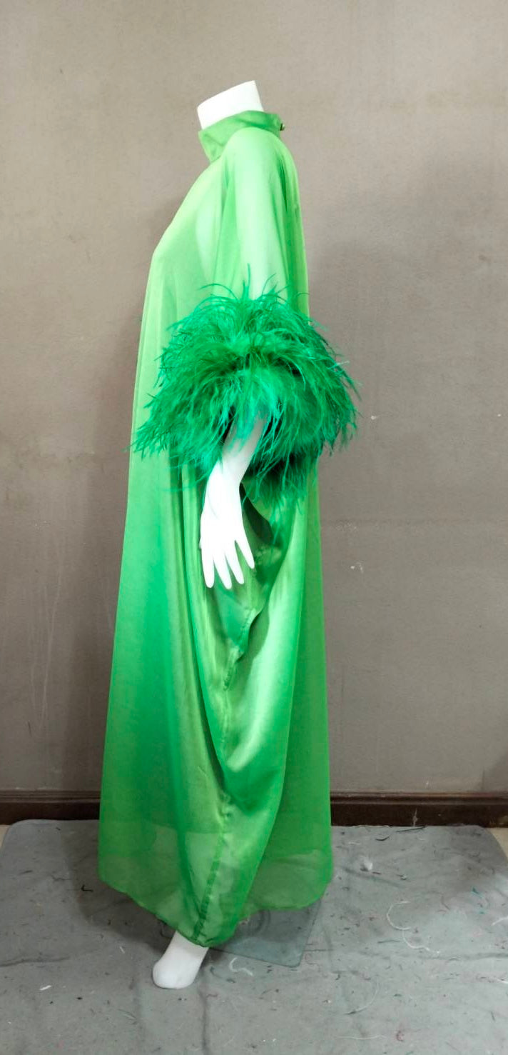 MARAYA Green Kaftan Shift Evening Maxi Feather dress