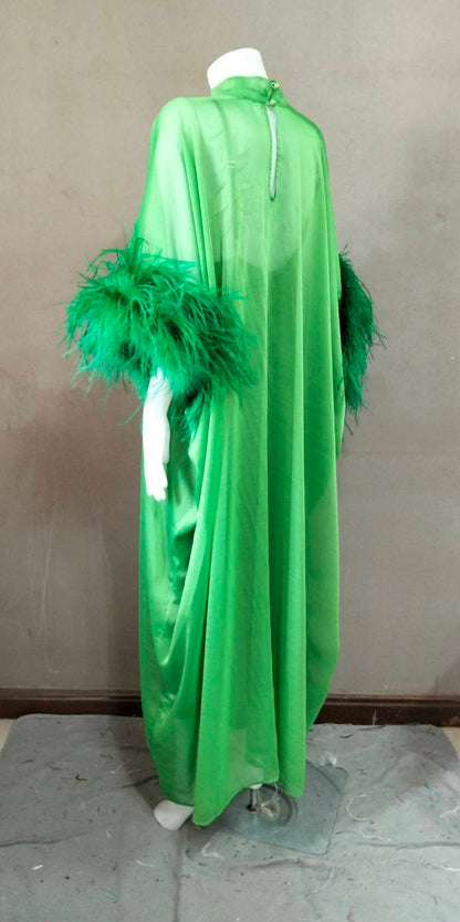 MARAYA Green Kaftan Shift Evening Maxi Feather dress