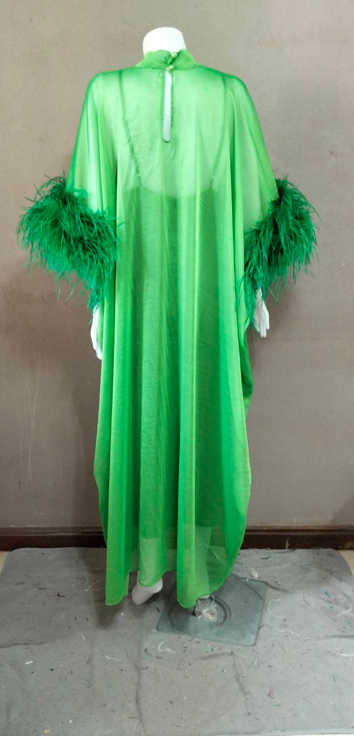 MARAYA Green Kaftan Shift Evening Maxi Feather dress