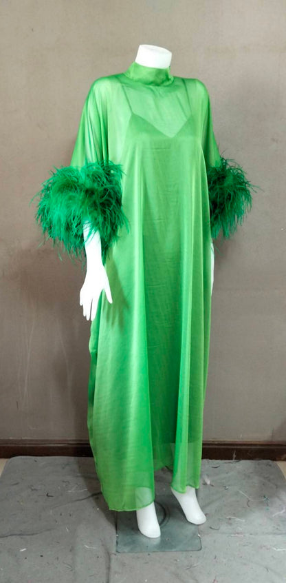 MARAYA Green Kaftan Shift Evening Maxi Feather dress