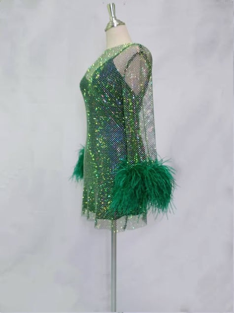 MARAYA Green Rhinestone mesh Long Sleeve Mini Dress With Slip dress