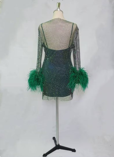 MARAYA Green Rhinestone mesh Long Sleeve Mini Dress With Slip dress