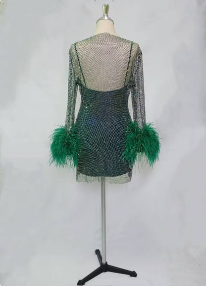 MARAYA Green Rhinestone mesh Long Sleeve Mini Dress With Slip dress