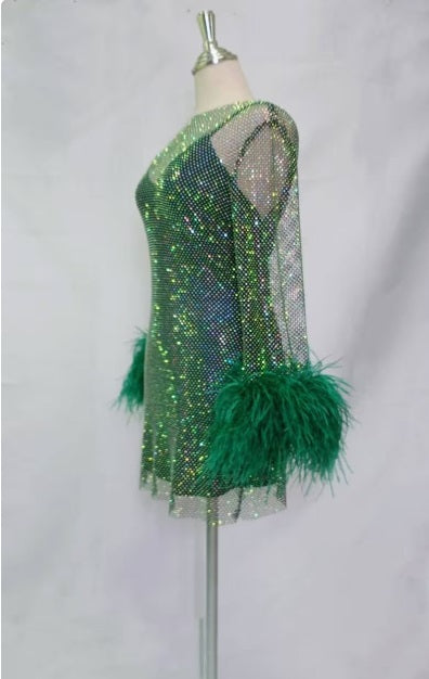 MARAYA Green Rhinestone mesh Long Sleeve Mini Dress With Slip dress