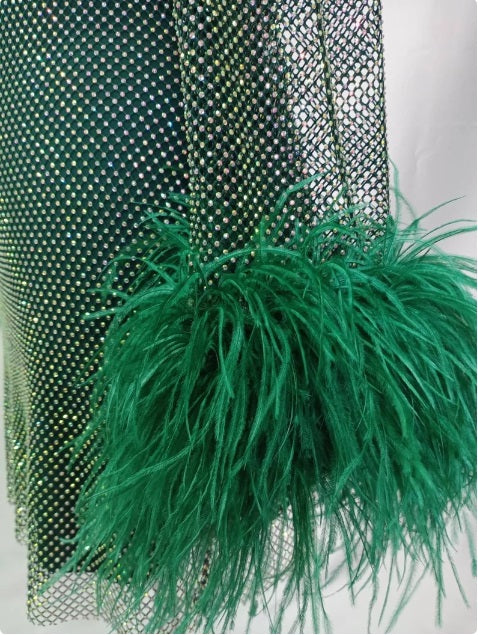 MARAYA Green Rhinestone mesh Long Sleeve Mini Dress With Slip dress