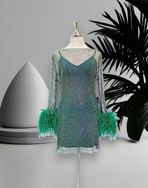 MARAYA Green Rhinestone mesh Long Sleeve Mini Dress With Slip dress