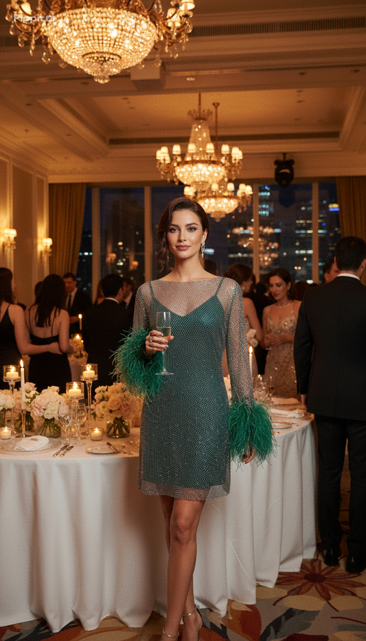 MARAYA Green Rhinestone mesh Long Sleeve Mini Dress With Slip dress