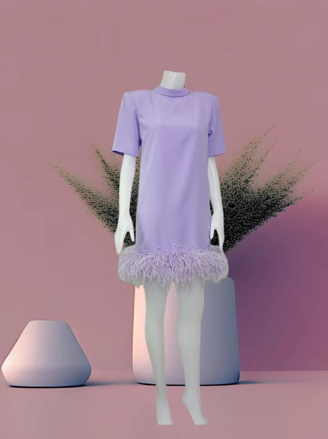 MARAYA High neck short Sleeve Feather Trim Mini Dress