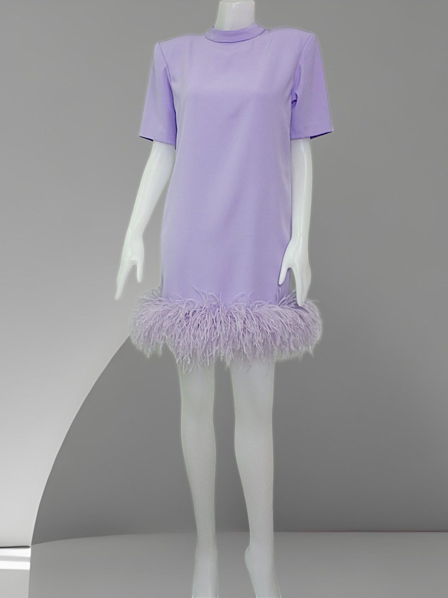 MARAYA High neck short Sleeve Feather Trim Mini Dress
