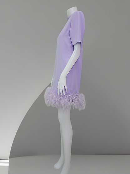 MARAYA High neck short Sleeve Feather Trim Mini Dress