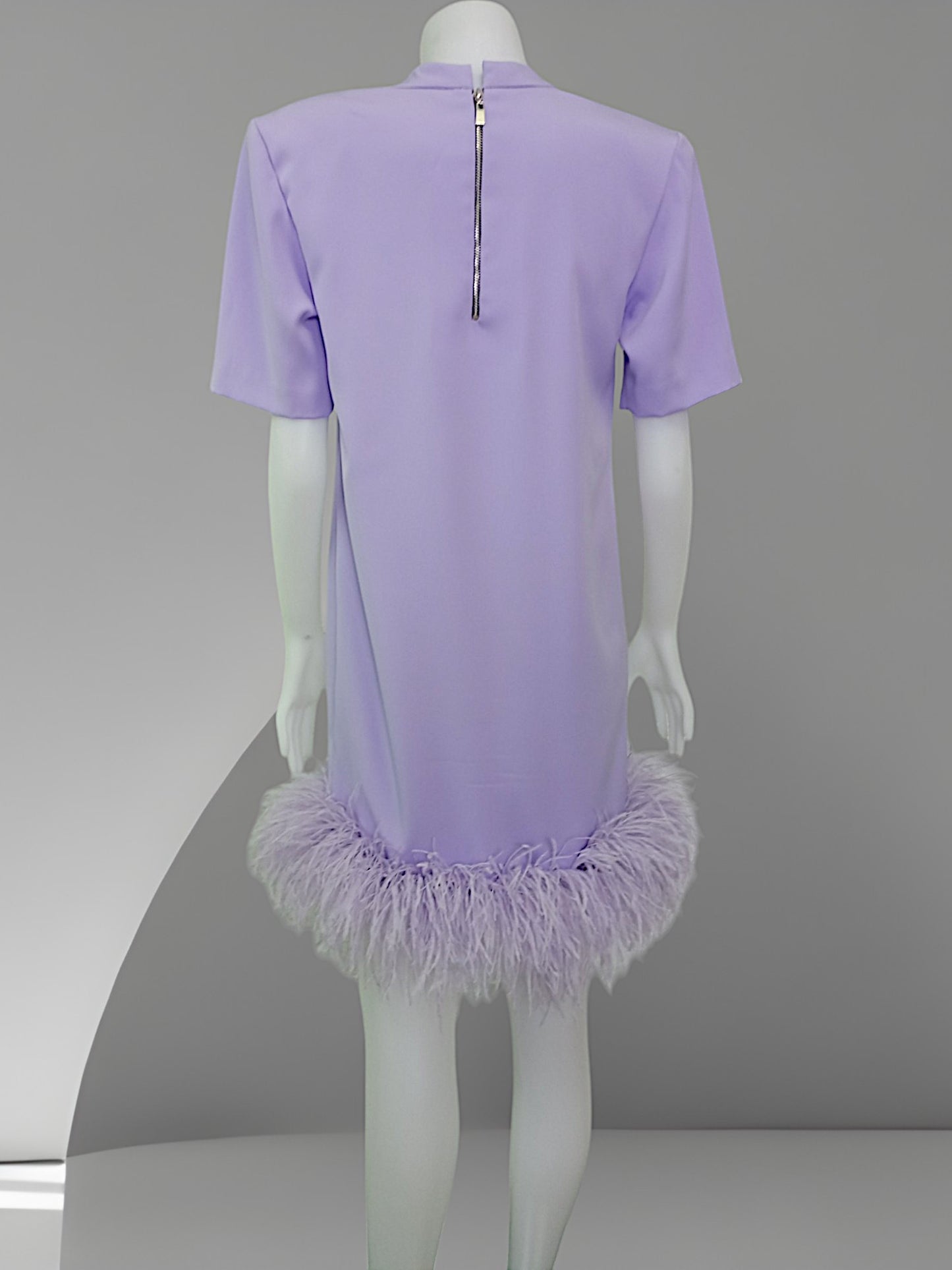 MARAYA High neck short Sleeve Feather Trim Mini Dress