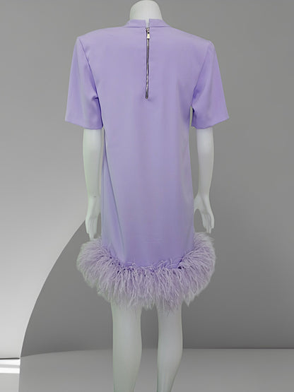 MARAYA High neck short Sleeve Feather Trim Mini Dress