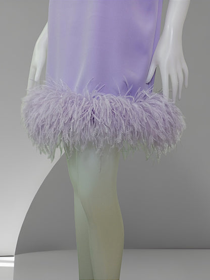 MARAYA High neck short Sleeve Feather Trim Mini Dress