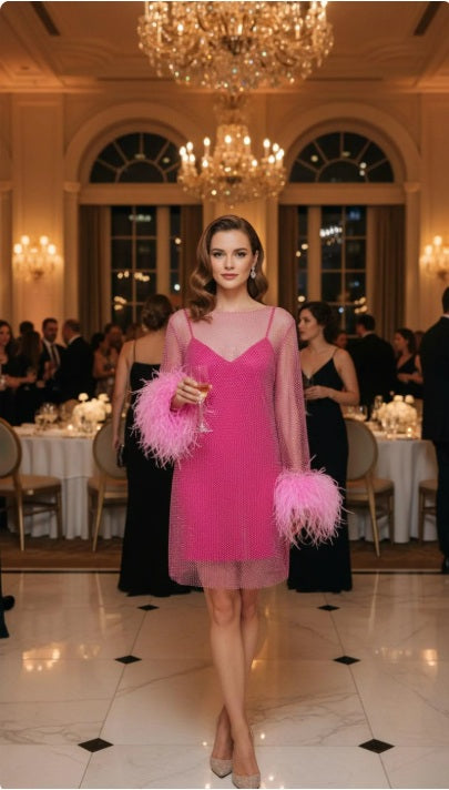 MARAYA Hot Pink Rhinestone Mesh Mini Feather See - through Dress
