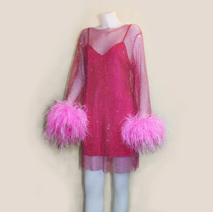MARAYA Hot Pink Rhinestone Mesh Mini Feather See - through Dress