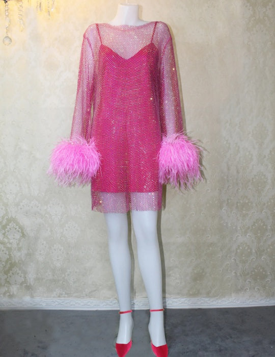 MARAYA Hot Pink Rhinestone Mesh Mini Feather See - through Dress