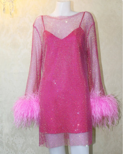 MARAYA Hot Pink Rhinestone Mesh Mini Feather See - through Dress