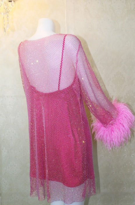 MARAYA Hot Pink Rhinestone Mesh Mini Feather See - through Dress