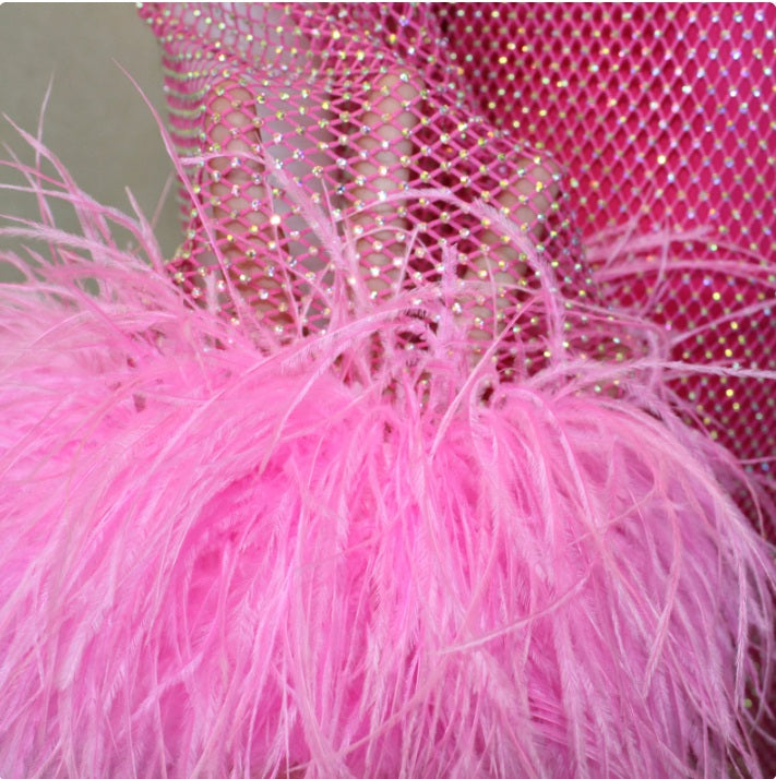 MARAYA Hot Pink Rhinestone Mesh Mini Feather See - through Dress