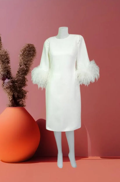 MARAYA Ivory Feather Trim Midi Dress