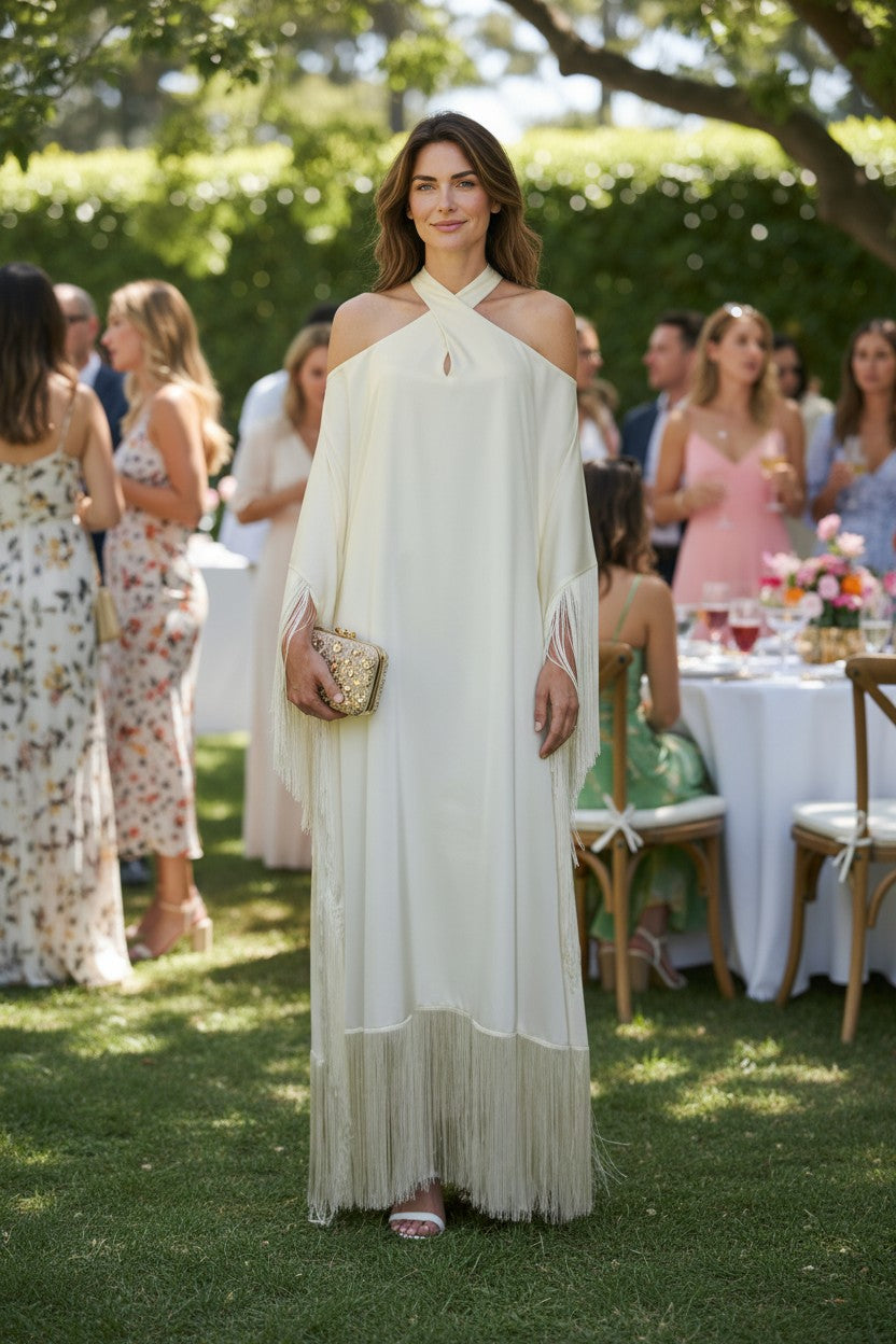 MARAYA Ivory Kaftan Fringe Trim  Maxi dress