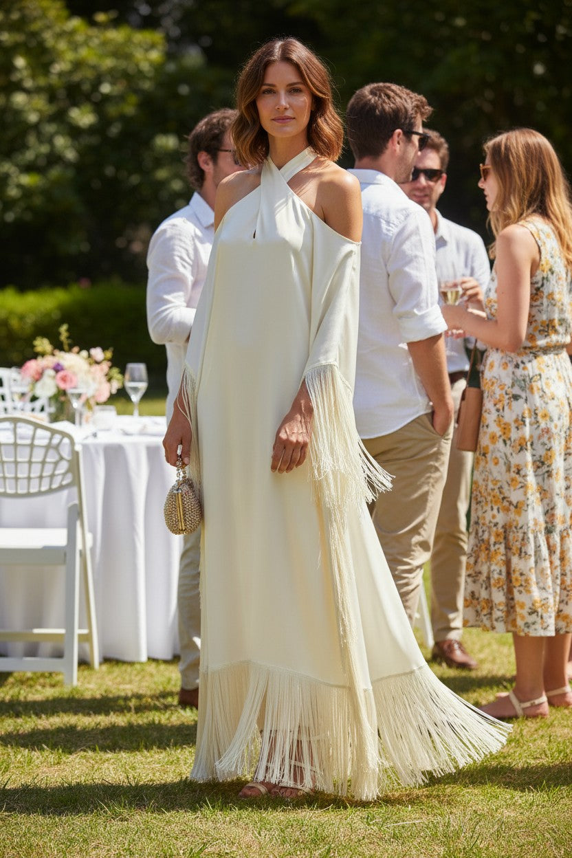 MARAYA Ivory Kaftan Fringe Trim  Maxi dress
