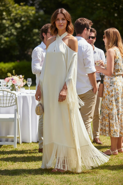 MARAYA Ivory Kaftan Fringe Trim  Maxi dress