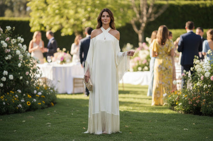 MARAYA Ivory Kaftan Fringe Trim  Maxi dress