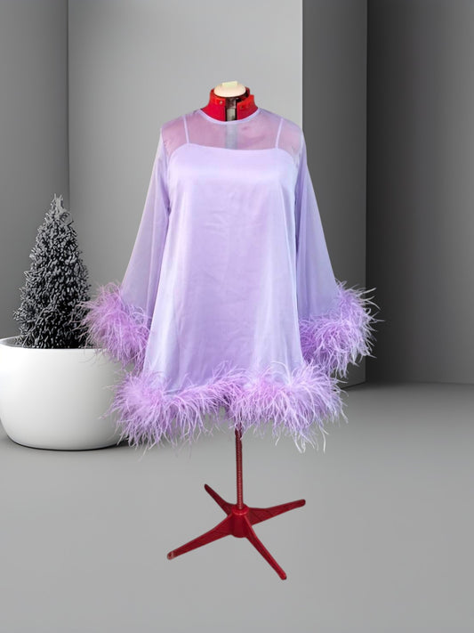 MARAYA Jewel Neck Bell Long sleeve mini Feather dress