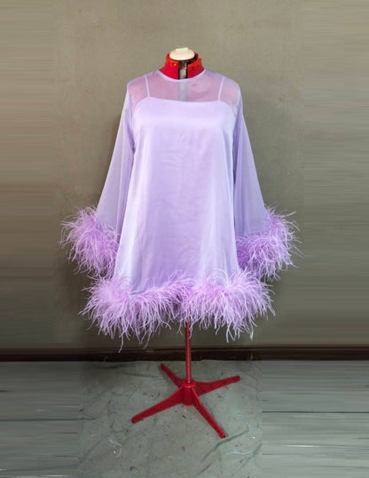 MARAYA Jewel Neck Bell Long sleeve mini Feather dress