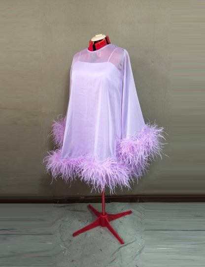 MARAYA Jewel Neck Bell Long sleeve mini Feather dress