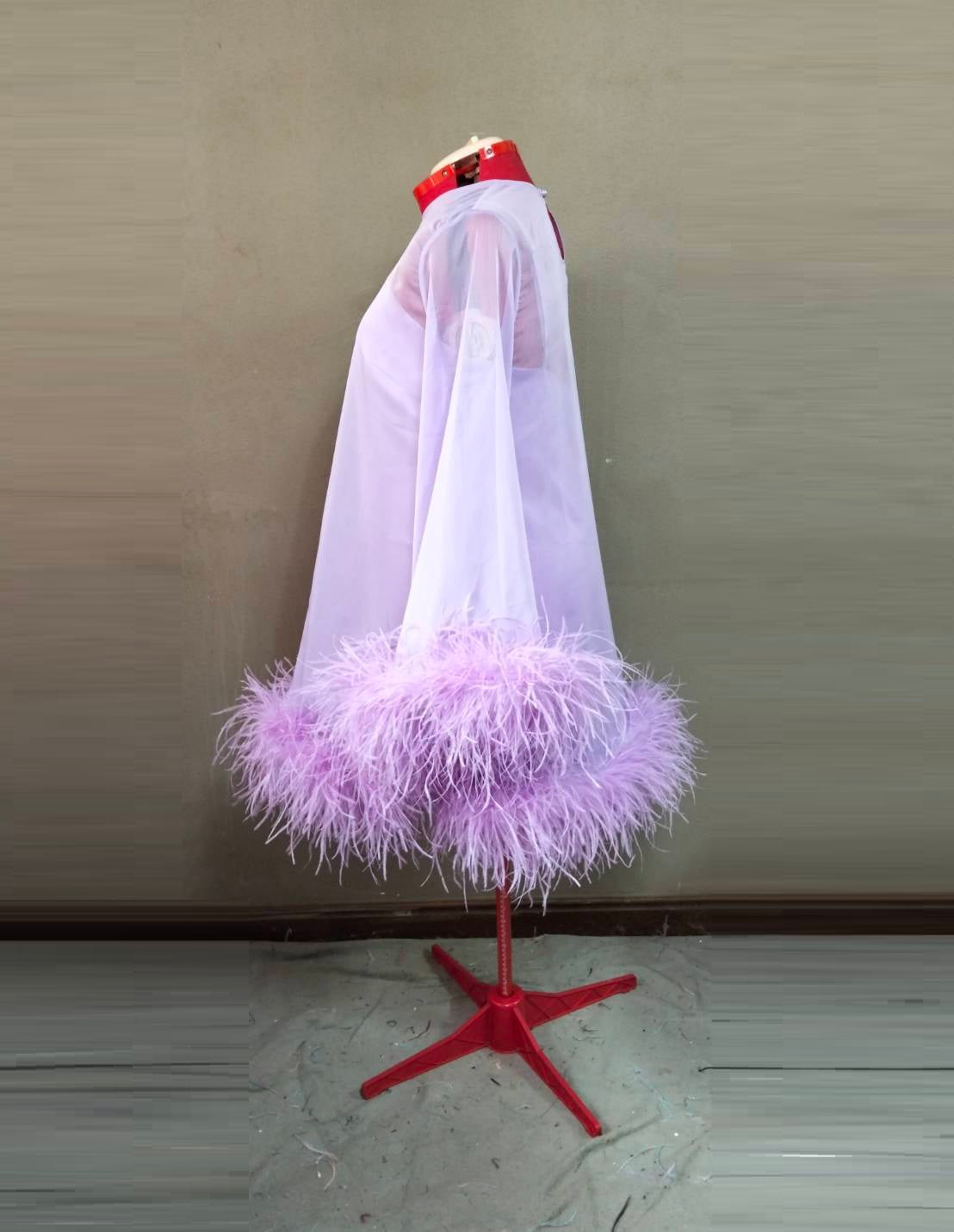MARAYA Jewel Neck Bell Long sleeve mini Feather dress