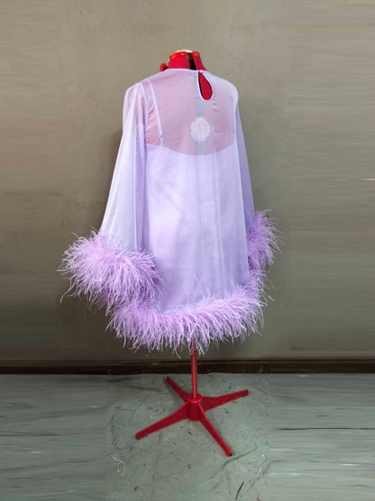 MARAYA Jewel Neck Bell Long sleeve mini Feather dress