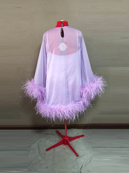 MARAYA Jewel Neck Bell Long sleeve mini Feather dress